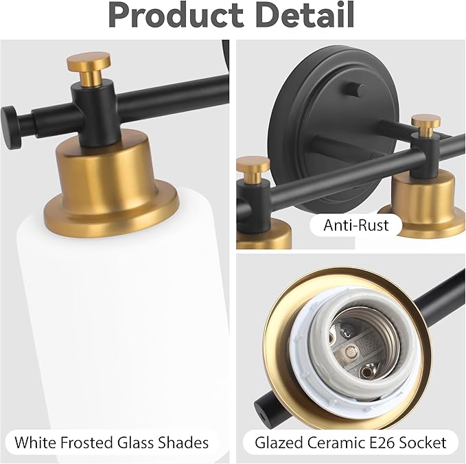 3-Light Bathroom Vanity Light, Black and Gold Vanity Lights for Bathroom with Milky White Glass Shade, Vanity Light Fixture Over Mirror, Modern Style, 16 Inch Compact, E26 Base