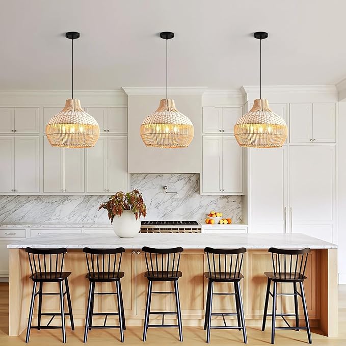 3-Light Rattan Pendant Light Fixture, 15" Hand-Woven White Wicker Basket Chandelier Boho Faux Rattan Hanging Lamp,for Dining Living Bedroom Kitchen