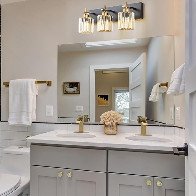 Modern Crystal Bathroom Vanity Lights, 3-Lights Black Gold Bathroom Light Fixtures Over Mirror, Crystal Vanity Light with Polished Gold Finish(Exclude Bulb)