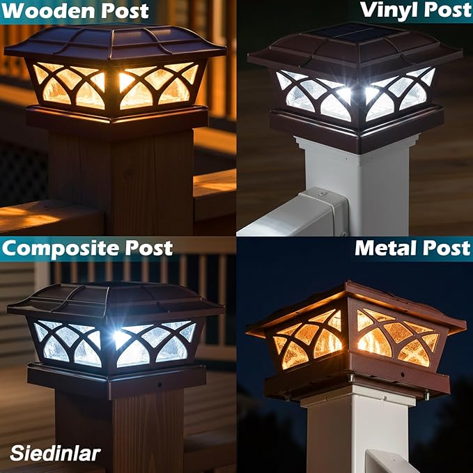 SIEDiNLAR Solar Post Cap Lights Outdoor Glass 2 Color Modes 8 LEDs for 4x4 5x5 6x6 Posts Deck Fence Patio Decoration Warm White & Cool White Lighting Brown (2 Pack)