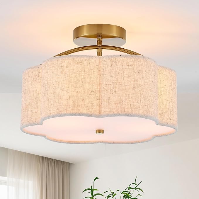 13.78" Semi Flush Mount Ceiling Light Modern 3-Lights Gold Drum Ceiling Light Fixture with Fabric Linen Shade, Vintage Modern Ceiling Lighting for Laundry Room, Kitchen, Basement, Bedroom