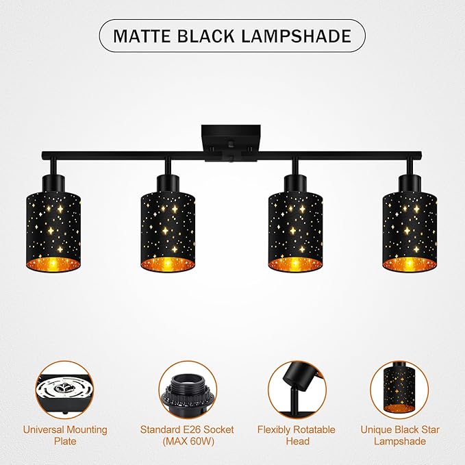 4 Light Track Lighting Kit, Black 4 Way Modern Flexible Ceiling Spotlight, Industrial LED Wall Light for Kitchen Cabinet Gallery Bar Hallway Living Room, Black Stars Design Contemporary, E26 Socket