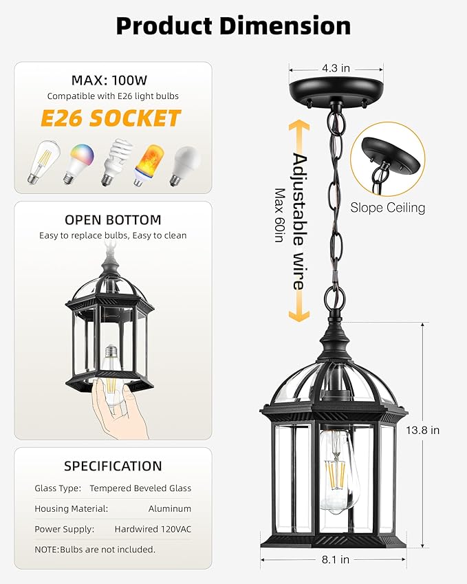 VIANIS 13.8" Large Outdoor Pendant Light Fixture, Black Hanging Porch Lights with Tempered Glass, Anti-Rust, Waterproof Outside Ceiling Light, Adjustable Chandelier Hanging Lantern for Entryway Yard