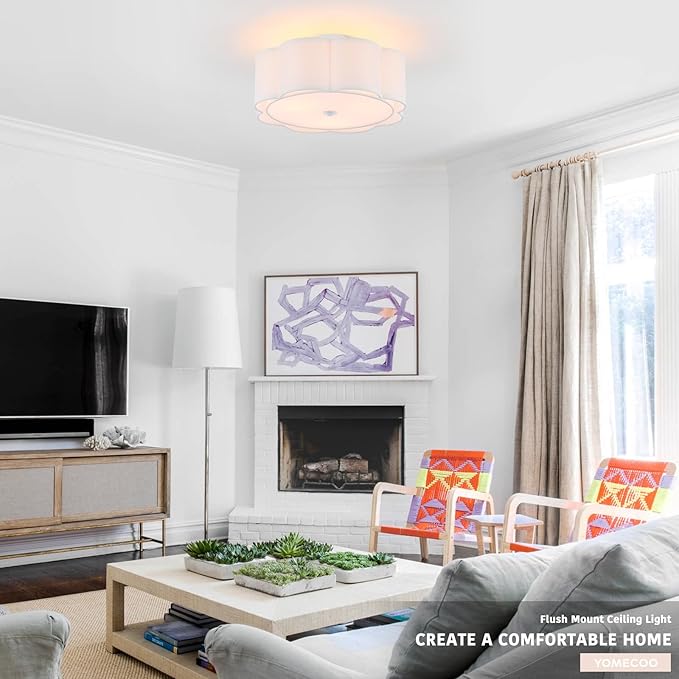 Semi Flush Mount Ceiling Light, White Linen Fabric Shade Ceiling Light, Modern Farmhouse Close to Ceiling Light for Bedroom, Hallway, Living Room, Dining Room, Laundry Room