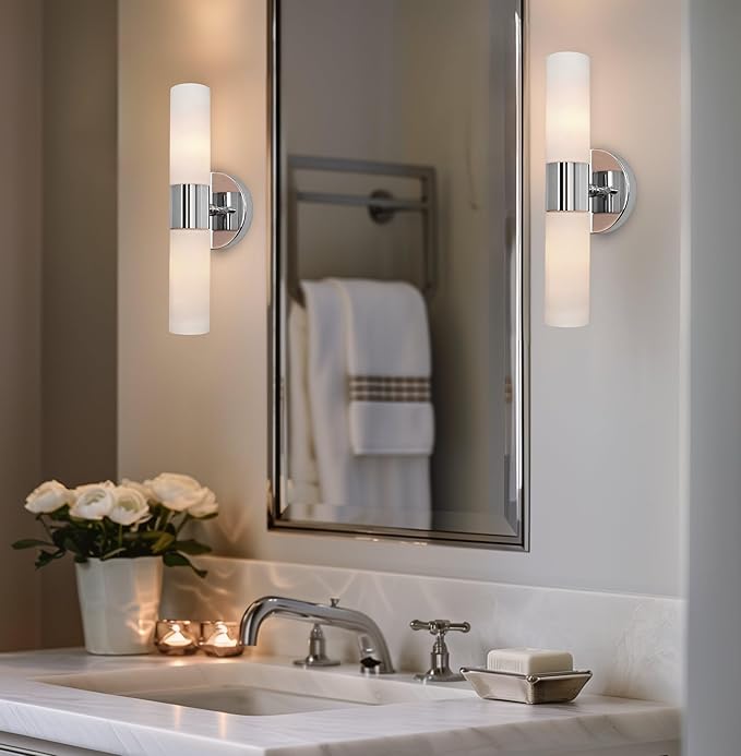 Kira Home Duo 14" Modern Wall Sconce with Frosted Glass Cylinder Shades, Linear 2-Light Wall Light, Chrome Finish