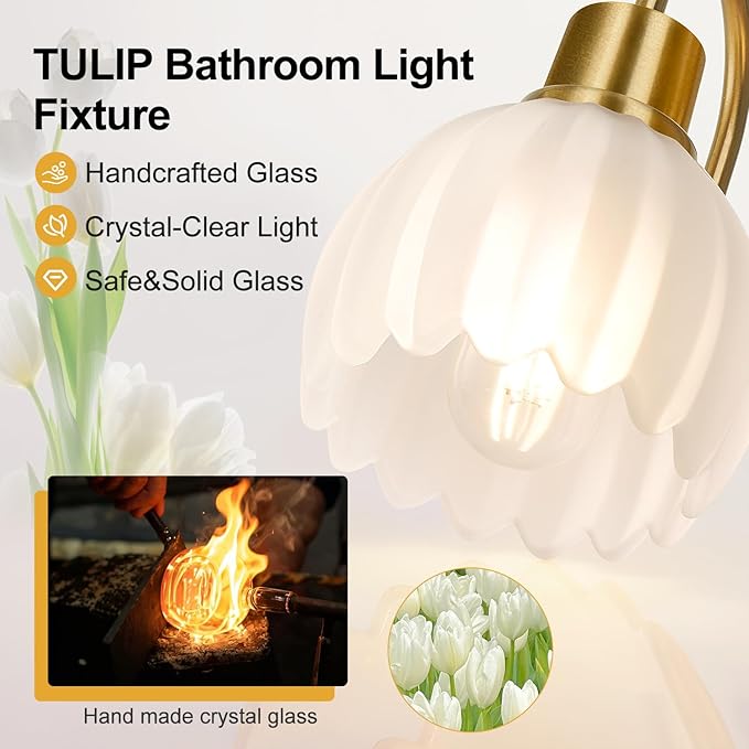 3-Light Bathroom Vanity Light, 20" Brushed Gold Bathroom Light Fixtures with Ribbed Frosted Clear Tulip Glass Shade, Vanity Lighting Fixtures Over Mirror for Bedroom Living Room Hallway