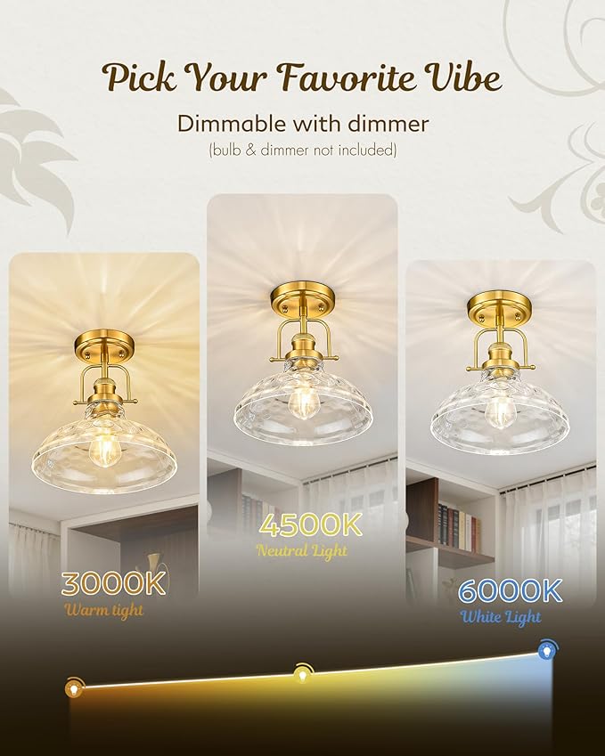 FEMILA 11" Brushed Gold Flush Mount Ceiling Light Fixture, Semi Flush Kitchen and Bedroom Ceiling Light with Water Ripple Glass Shade, 4FY09-F BG-WG