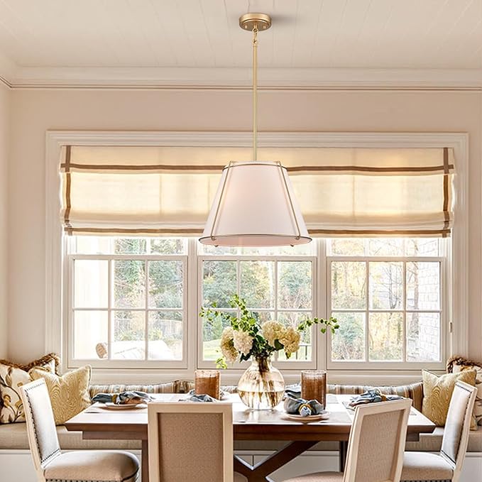 Cone Pendant Light Fixture with Metal Lantern Fabric Drum Shade 16" White and Gold Chandeliers for Kitchen Dining Room Living Room Bedroom