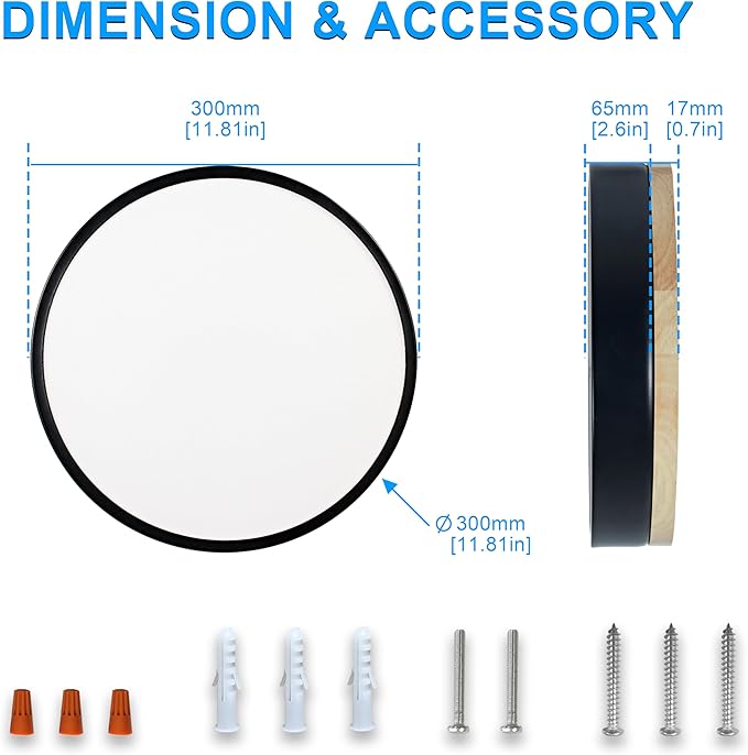 Dimmable LED Wood Flush Mount Ceiling Light Fixture 3000-6000K Tunnable 12 Inch, 24W Modern Close to Ceiling Light, Bedroom Light for Kitchen, Hallway, Black, Type B 5CCT
