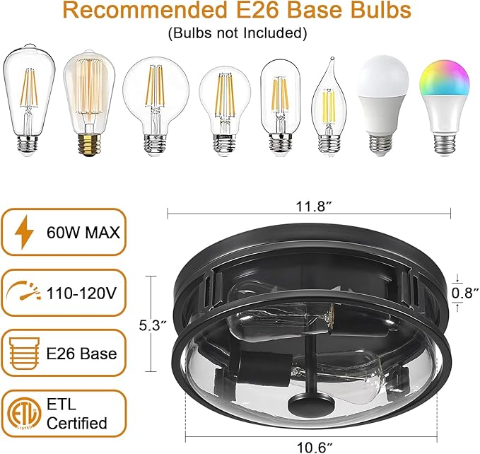 Flush Mount Ceiling Light with Clear Glass Shade, 2-Light Indoor Outdoor Farmhouse Lighting Flush Mount Lights for Kitchen Bedroom Porch Living Dining Room