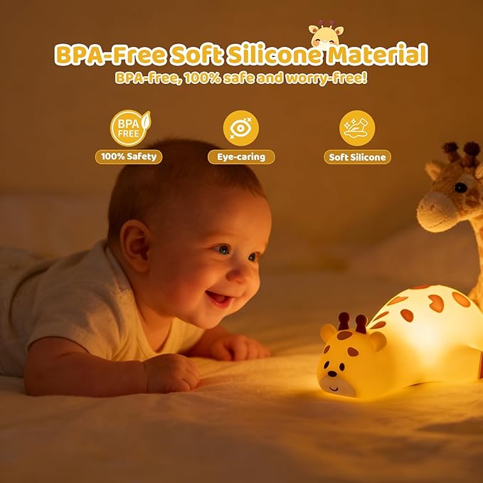 Kawaii Giraffe Lamp Silicone Night Light, Tap Control Squishy Baby Lights for Nursery, 3 Levels Dimmable Rechargeable LED Bedside Lamp with Timer, Giraffe Gifts for Toddler, Bedroom, Toy