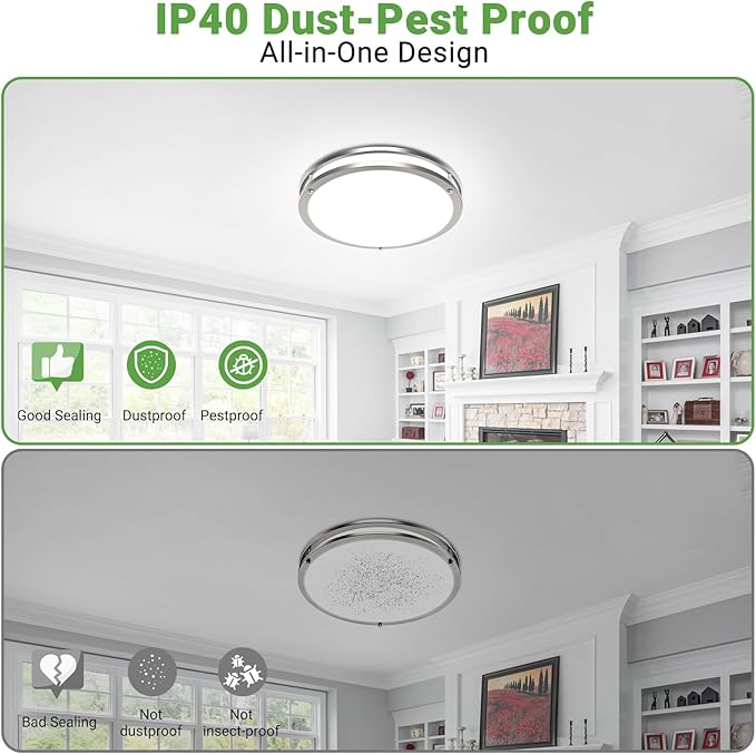 zemty 2Pack 10Inch Brushed Nickel LED Flush Mount Ceiling Lights, Dimmable 3000K-6500K,15W 1500LM Damp-Rated Stainless Steel Light Fixture for Hallway Kitchen Bathroom Closet Laundry