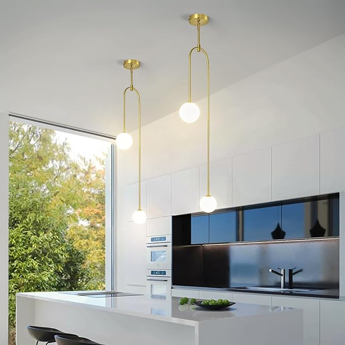 Modern Milk Glass Pendant Light 2 Light Mid Century Chandelier Small Glass Globe Gold Pendant Lights for Kitchen Island Bedroom Dining (Metal Tube Removable, 1 Pack)