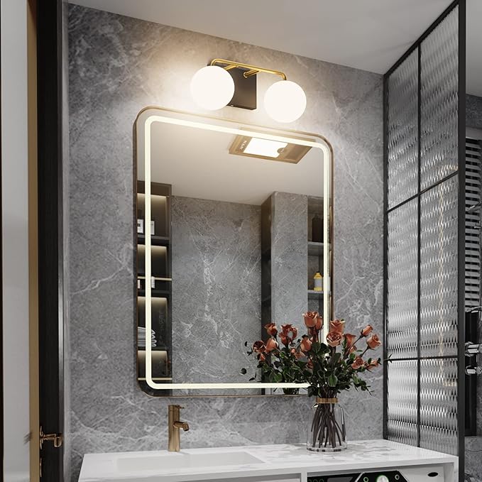 Tipace 2 Lights Mid Century Vintage Bathroom Vanity Light Fixtures Over Mirror Black Gold Industrial Vanity Lights with Milk White Glass Globe Farmhouse Bath Lighting(Exclude Bulb)