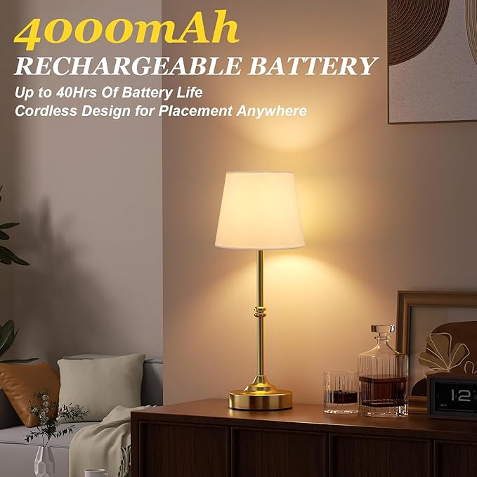 Kakanuo Rechargeable Cordless Table Lamp Gold - 1 Pack Brass 4000mAh Battery Operated Lamp, 3000K Warm Light, Touch Control Stepless Dimming, for Bedside, Dining Table, Home Decor