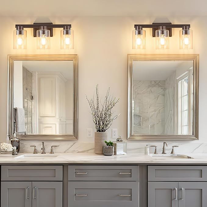 3-Light Bathroom Light Fixtures Modern Vanity Lights with Clear Glass Shade Oil Rubbed Bronze Wall Sconces Over Mirror for Bathroom,Powder Room, Living Room