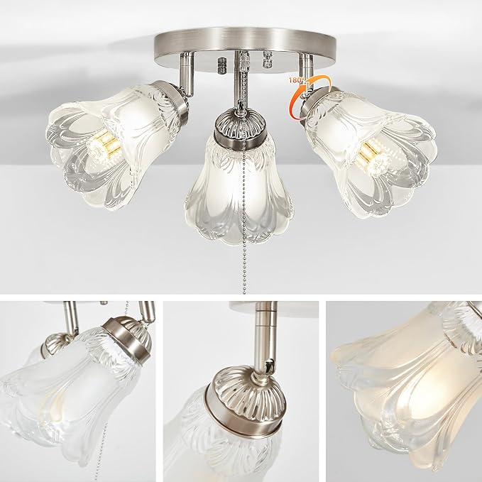 3-Light Flush Mount Ceiling Light with Pull Chain Clear and Frosted Glass Low Profile Lighting Fixtures for Kitchen Living Room Dining Room Closet (Brushed Nickel)