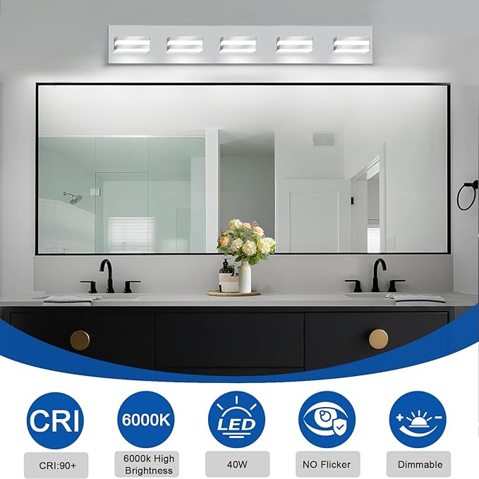 IZORRO LED Modern Bathroom Lights Fixtures(5-Light,Dimmable,360°Rotate),Chrome Acrylic Wall Lighting,Vanity Lights for Bathroom Over Mirror - 6000k 30In （No Assembly Required）
