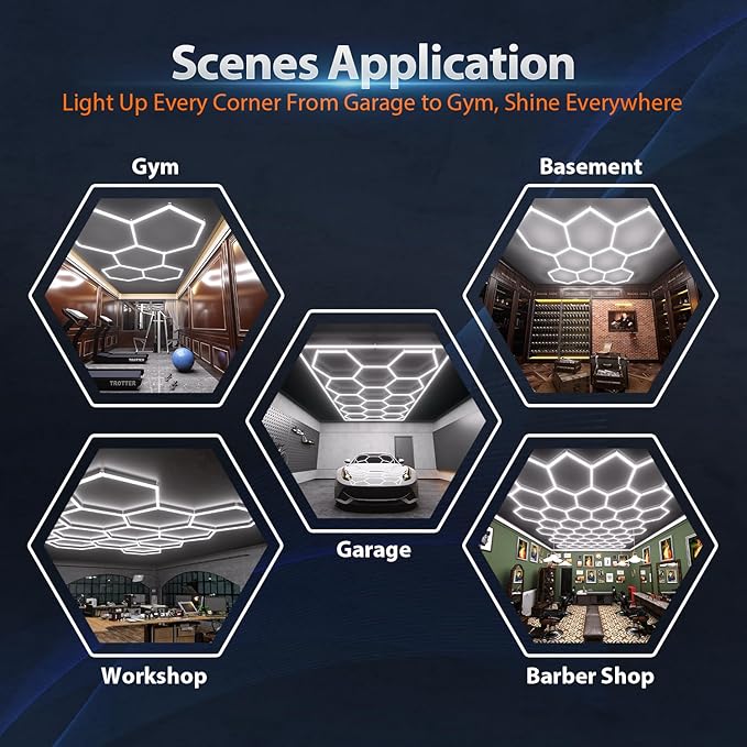 Hexagon Garage Lights: 322W 11 Grids Hexagon LED Lights - Easy Install 6500K Super Bright Honeycomb Lights Ceiling for Garage, Warehouse, Car Detailing Shop, Exhibition Hall, Gym