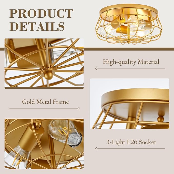 VILUXY Gold Semi Flush Mount Ceiling Light Industrial 3-Light Rustic Ceiling Lamp Fixture with Metal Cage for Kitchen Living Room Dining Room Bedroom Hallway