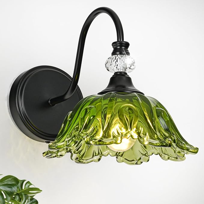 1 Piece Black Wall Sconce with Floral Green Glass Shade, Black Farmhouse Wall Mount Lighting for Bathroom,Vintage Bathroom Vanity Light Fixture
