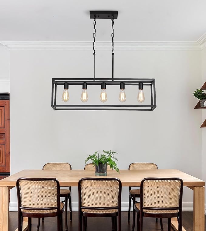 AMZASA Black Rectangle Kitchen Island Lights Rectangular Modern Industrial Chandelier for Dining Room 5 Lights Linear Vintage Cage Light Fixtures UL Listed