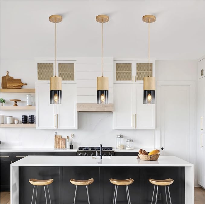 3-Pack Gold Pendant Light Fixtures, Adjustable Modern Black Pendant Lights for Kitchen Island, Industrial Glass Pendant Lights for Dining Table Hallway Bedroom Living Room