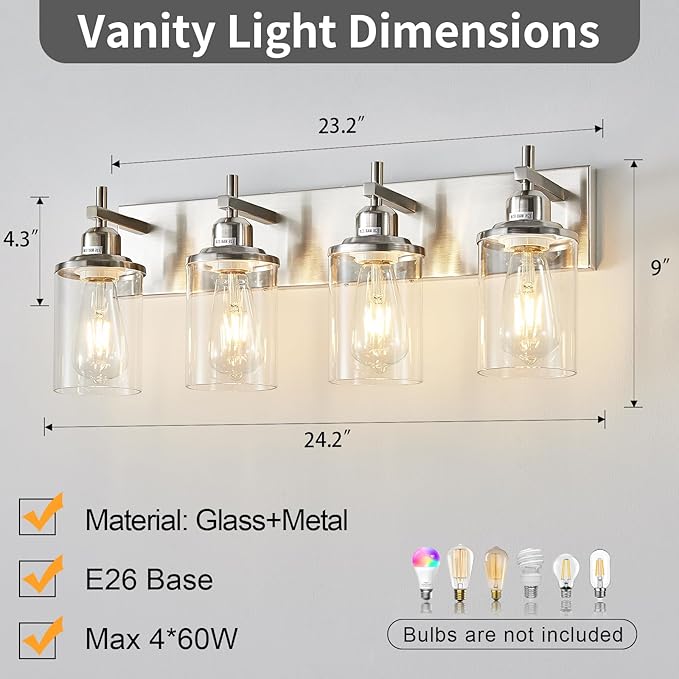 Lanhall 4-Light Brushed Nickel Bathroom Light Fixture Over Mirror Modern Bathroom Vanity Light Vintage Wall Lighting with Clear Glass Shade for Bathroom, Bedroom, Hallway, Cabinet