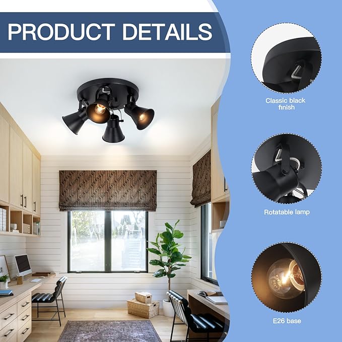 SEEBLEN 4-Light Kitchen Lighting Fixtures Ceiling, Adjustable Track Lighting Fixtures, Morden Black Directional Ceiling Light for Kitchen, Bathroom, Hallway, Dining Room, Coffee Bar.