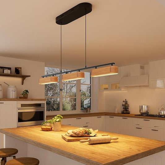 37.6" Linear Kitchen Island Lighting, 28W Wood Farmhouse Chandelier Dining Room Light Fixture, 3-Light Rustic Dimmable Pendant Lights for Kitchen Island Over Table