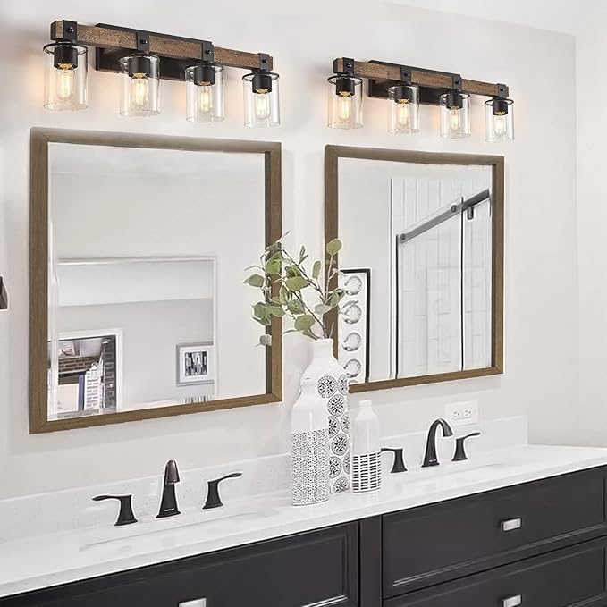 DUJAHMLAND Farmhouse Vanity Light Fixture, Industrial 4-Light Wood Wall Sconce Bathroom Vanity Lighting with Clear Glass Lights Shade,for Hallway,Kitchen,Bedroom(Antique Wood, 4-Light)