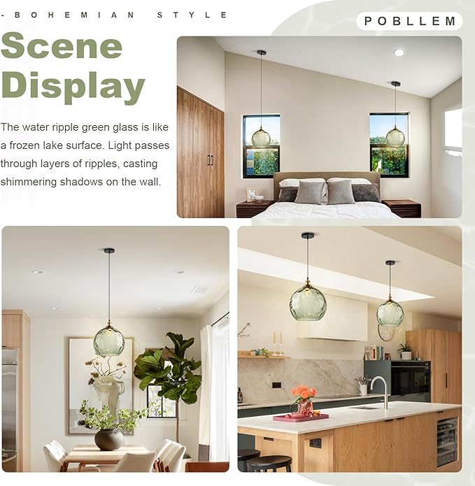 Green Glass Hanging Light Fixture, 13.8" Large Globe Pendant Light Hammered Glass Shade, Mid Century Modern Single Black and Gold Pendant Light for Kitchen Island Dining Room Bedroom