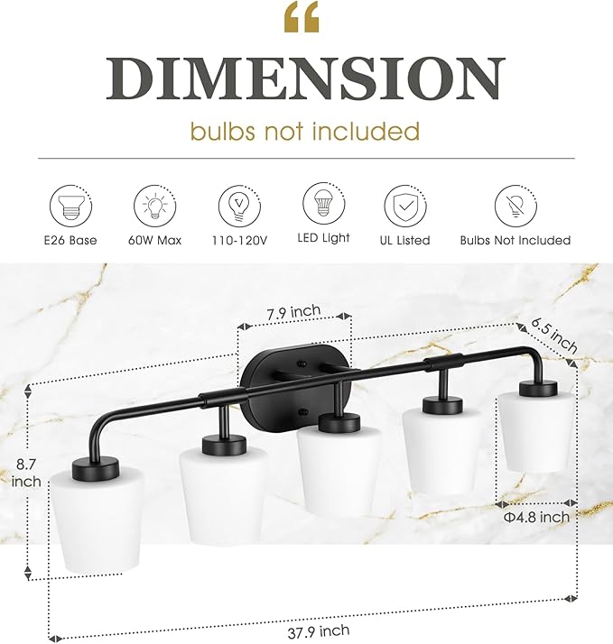 Bathroom Light Fixtures Over Mirror, 5-Light Matte Black Vanity Lighting Fixtures with Milk White Glass, 38inch Farmhouse Wall Sconces Lighting, AD-22004-5W-BK