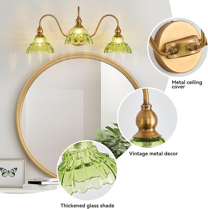 Vintage Bathroom Vanity Light 3-Light Bedroom Vanity Lighting Fixtures Green Wall Sconces for Living Room Hallway Dining Room Kitchen
