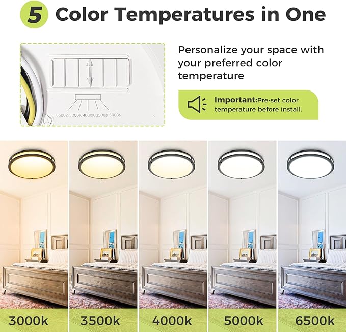 hepside Dimmable Flush Mount LED Ceiling Light, 13inch 24W Ceiling Light Fixtures, 5CCT (3000K 3500K 4000K 5000K 6500K) Adjustable Ceiling Lamps for Kitchen Bathroom Bedroom Hallway