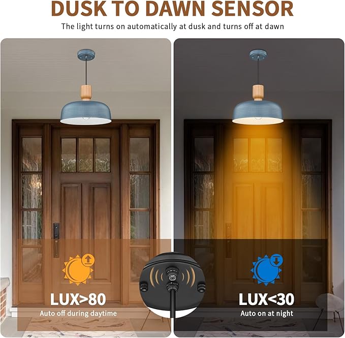 Darkaway Dusk to Dawn Industrial Pendant Light Fixtures Ceiling Hanging with Hammered Metal Shade, Blue Pendant Light for Outdoor Porch Lighting Hanging Lamp Adjustable Height