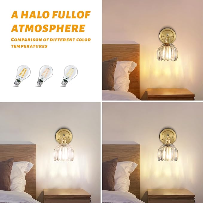 Tulip Glass Lampshade 180 Degree Adjustable Brass Sconces Hradwired Modern Wall Lighting Fixture with Switch for Bedside Bedroom Doorway