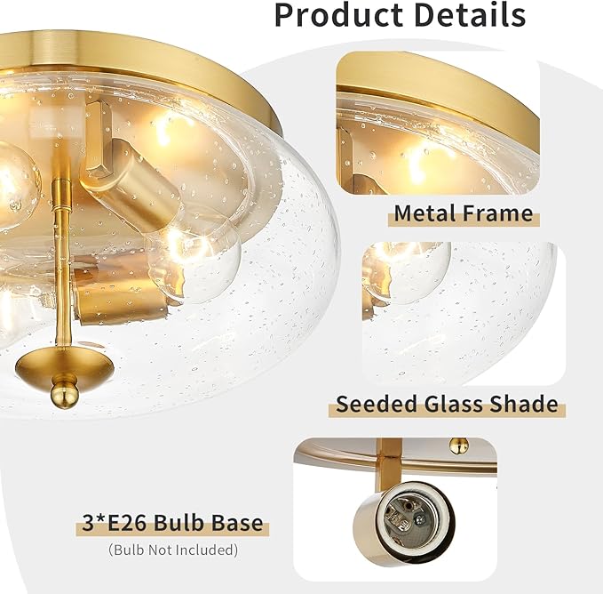 Darkaway Large Ceiling Light Fixtures 3-Ight Flush Mount Indoor Outdoor Ceiling Light with Seeded Glass Shade for Hallway Kitchen Bedroom Porch Living Room Dining Room Gold Finish