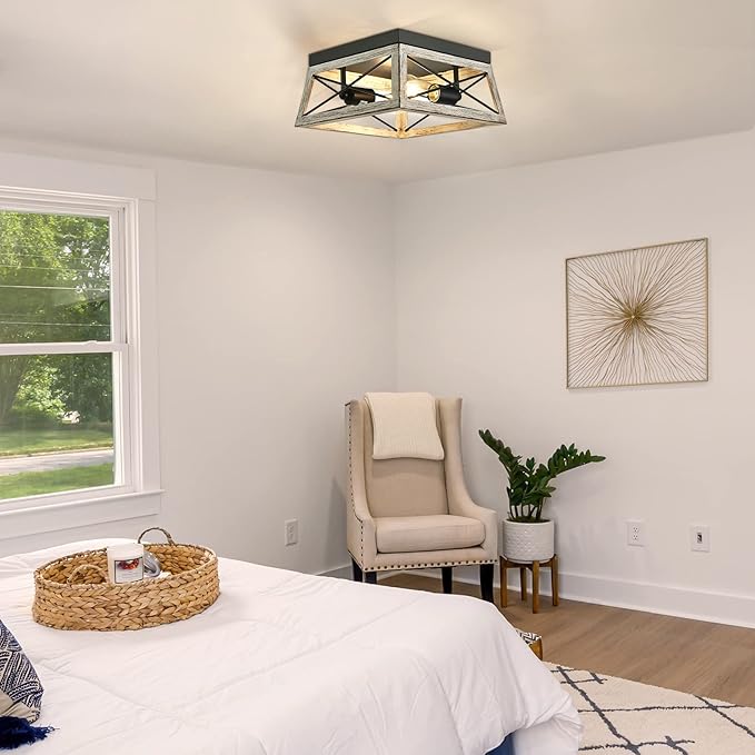 DEWENWILS Farmhouse Flush Mount Ceiling Light, Metal Light Fixture with Wood Grain Finish, 2-Lights Hallway Light Fixture Ceiling Mount for Entryway, Foyer, Dining Room