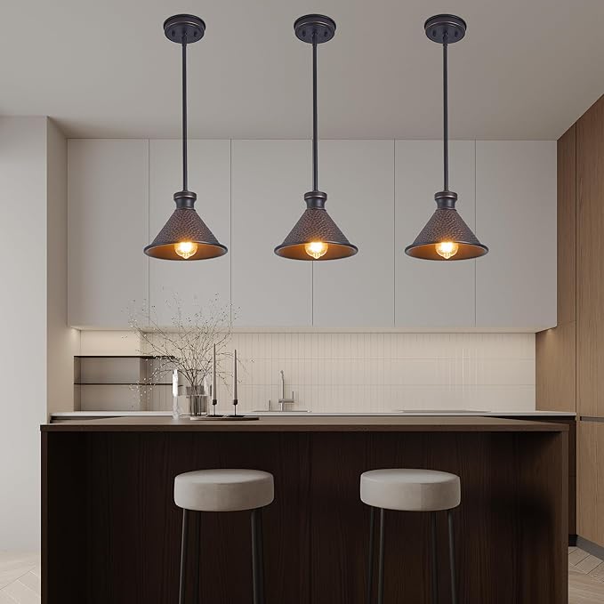 Tarentlight Pendant Light (2 Packs), Kitchen Lights Ceiling Hanging,Oil-Rubbed Bronze Finish, Farmhouse Lighting for Kitchen Island Room,Vintage Hammered Textured Aluminum Shade, Height Adjustable
