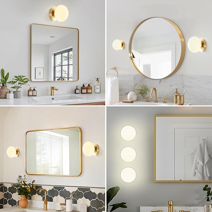 Modern Globe Glass Wall Sconces- Minimalist Home Shop Decor Wall Light 7" Glass Shade Hardwired- 1 Light Mid Century Wall Lamps Indoor Bedroom Bathroom Hallway Vanity Sconce Light (Gold-Beige)