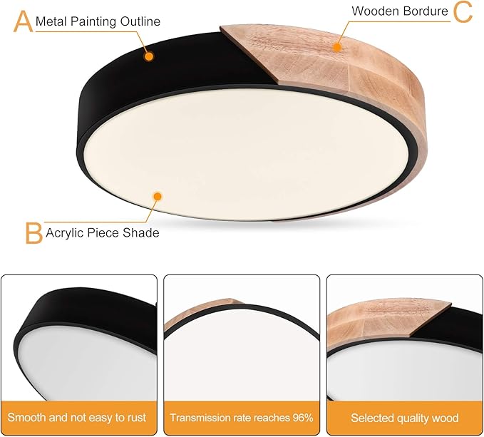 EDISLIVE Ceiling Light Dimmable 11 inch Modern Minimalist LED Round Shaped Wood & Metal & Acrylic Flush Mount Ceiling Light with Remote Control Black