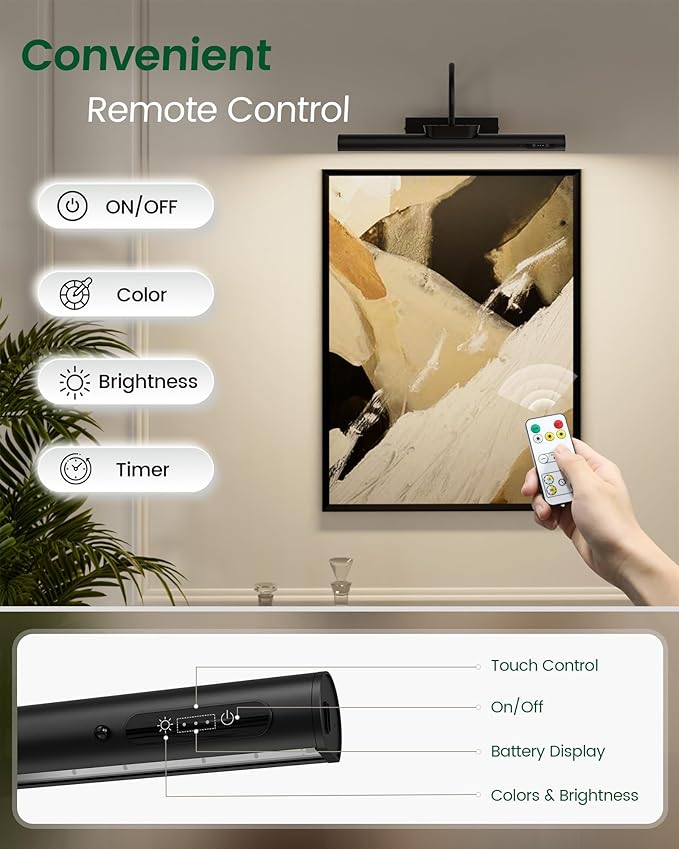 Bridika Picture Light Battery Operated, 19.7in Picture Lights for Wall, 3 Colors & Brightness Dimmable, Rechargeable Art Light for Paintings Photo Dartboard Gallery Bedroom Bathroom Black