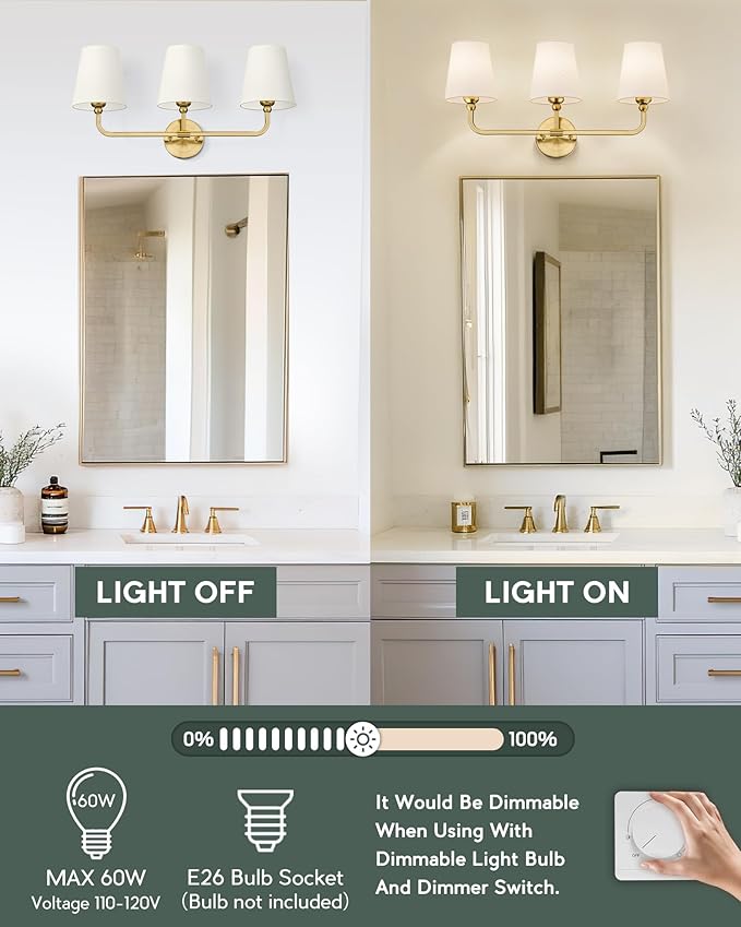 Bathroom Light Fixtures, Brushed Gold Vanity Lights with Beige Fabric Shade, 3-Light Wall Sconce, Modern Sconces Wall Lighting for Hallway Bedroom, VL837-BG-B-3