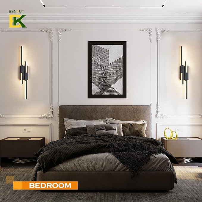 Benkut Modern LED Vanity Lights Set of 2, Black Wall Sconce with Remote Control Dimmable Indoor Wall Light Bedside Remote Sconce for Bedroom Bathroom Living Dining Room (27.6inch 2 Pack)