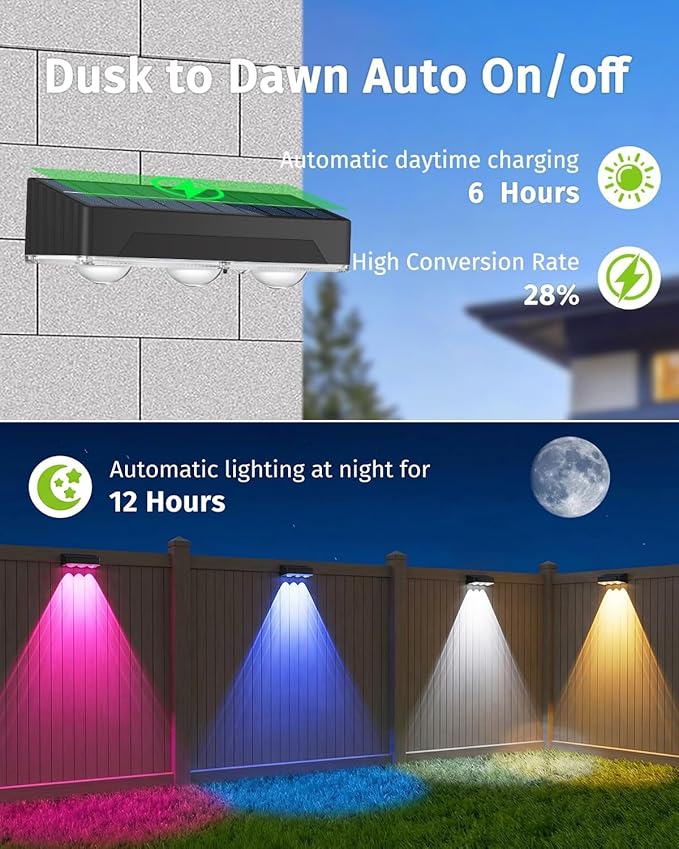 Solar Fence Lights Outdoor 2 Pack Waterproof High Brightness Upgraded 3 LED Lens Solor Deck Lights Warm & Cool White RGB 10 Colors Outside Solar Powered Wall Light for Backyard Patio Step Railing