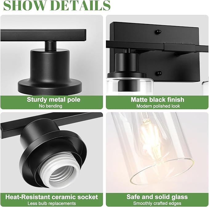 MOKATNG 4-Light Bathroom Light Fixtures, Vanity Light with Clear Glass Shades, Matte Black Bathroom Light Fixtures Over Mirror, Modern Bathroom Wall Lamp for Mirror Living Room Cabinet Bedroom