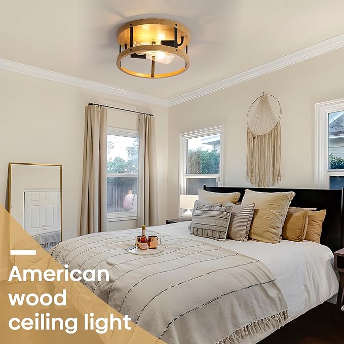 2-Light Industrial Flush Mount Ceiling Light Fixture, Wood Finish Farmhouse Ceiling Light Fixture,Modern Flush Mount Light Fixture for Kitchen Bedroom Living Room Hallway 1 Pack