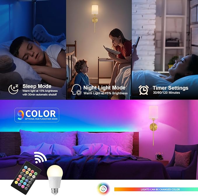 Battery Operated Wall Sconce Set of Two,Wireless Rechargeable Wall Light With Remote Control, Dimmable, 1800K/3000K/4000K/6000K/RGB, Timer, for Living Room, Bedroom, Fireplace, TV, 26.8 Inch, Gold
