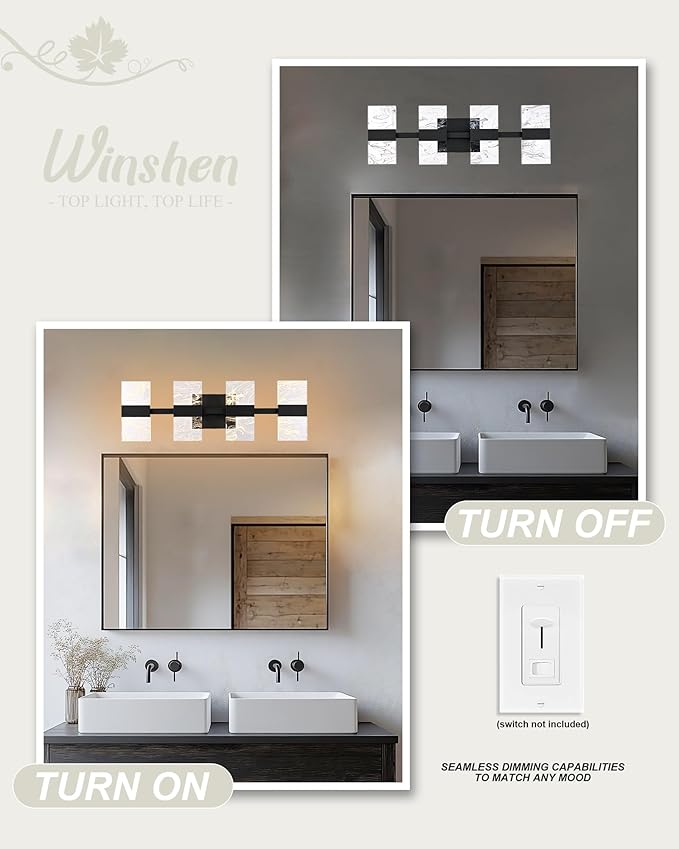 Black LED 3000K Bathroom Light Fixture, Modern 4-Lights Vanity Lighting with Smoke Acrylic Shades, Wall Lamp Over Mirror for Kitchen Bedroom Dress Table (Integrated Led Chips Included)